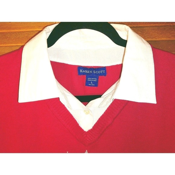 Y2K Cotton Argyle Sweater Red Black French Cuff & Collar Layered Style - Large - Picture 6 of 8